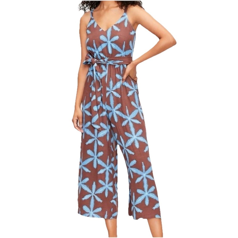 LOFT Women's LARGE Brown Blue Star Floral Crop Wide Leg Jumpsuit Cutout Back Tie